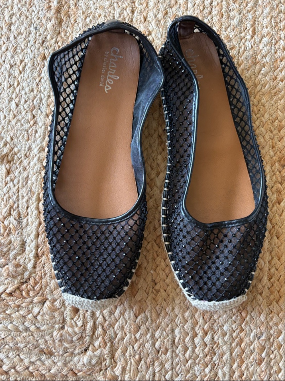 Charles By Charles David Black Mesh Espadrille Flats with Jute Trim